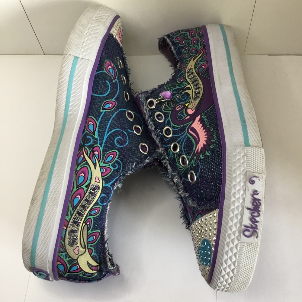 Girls Skechers Sneakers Twinkle Toes Shuffles Peacocks Tennis Shoes Size 5 - Picture 9 of 14